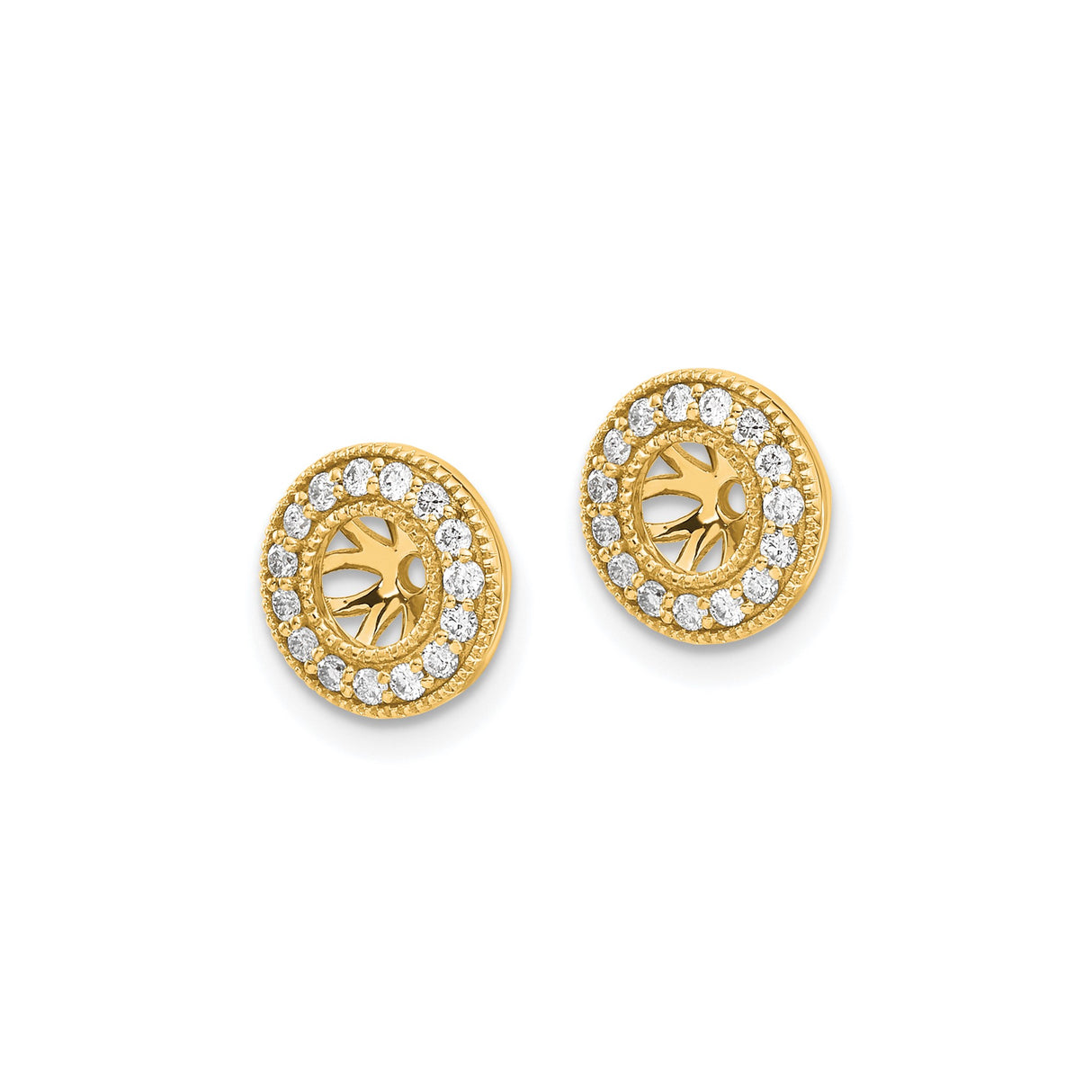 14k Yellow Gold Earring Jackets with Diamond Accents, Sunburst Cutout, Cubic Zirconia Halo