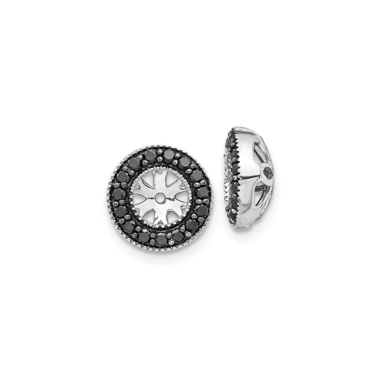 14k White Gold Round Charm Bead with Sunburst Cutout and Black Diamond Halo