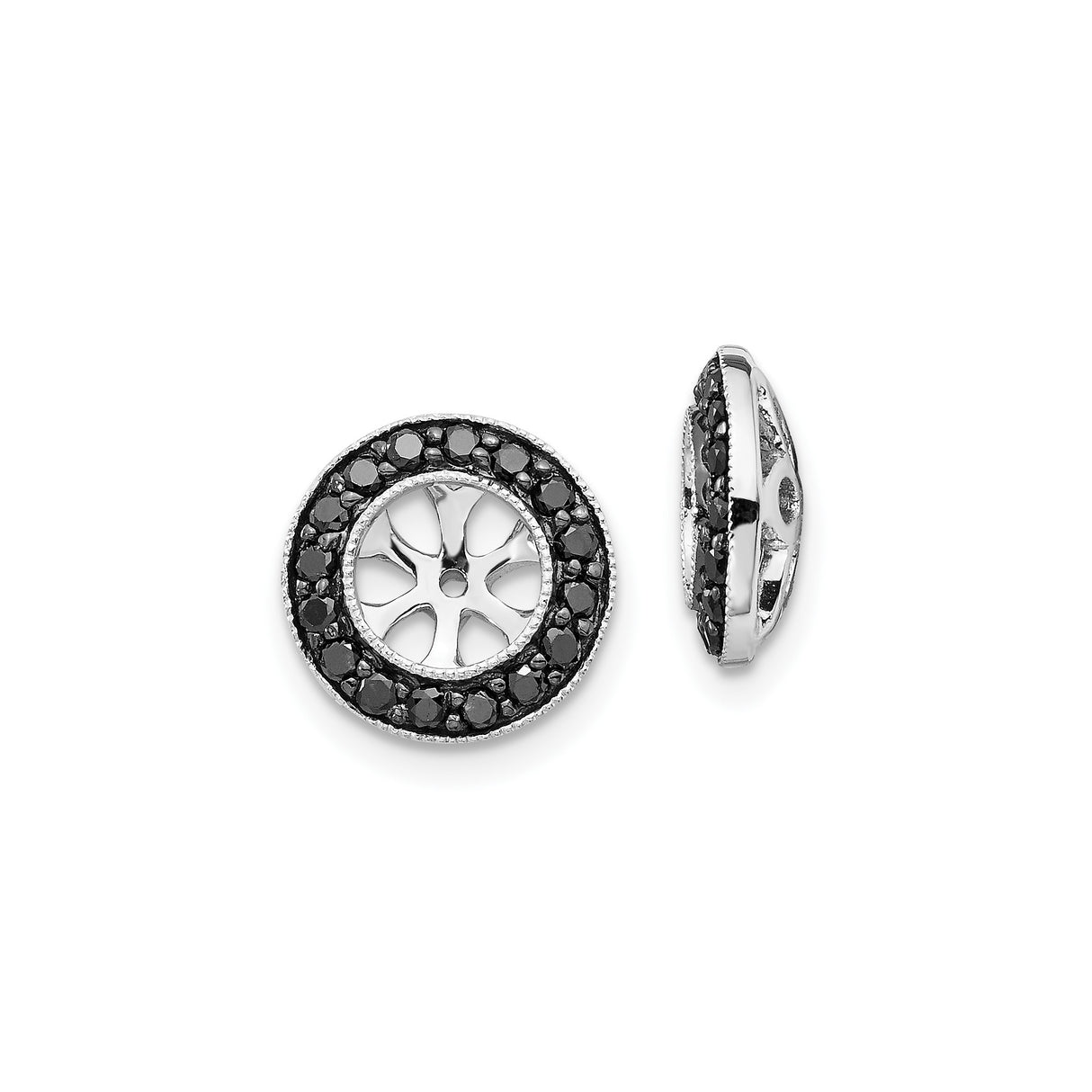 14k White Gold Slide Pendant with Black Diamond Accents, Sunburst Charm Design