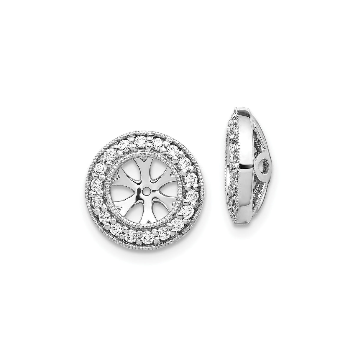 14k White Gold Earring Jackets with Diamond Accents, Sunburst and Flower Petal Design