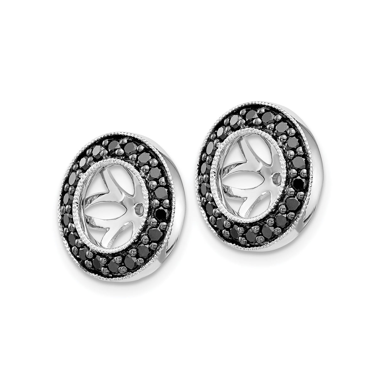 14k White Gold Floral Openwork Pendant with Black Diamonds, Double Halo Charm