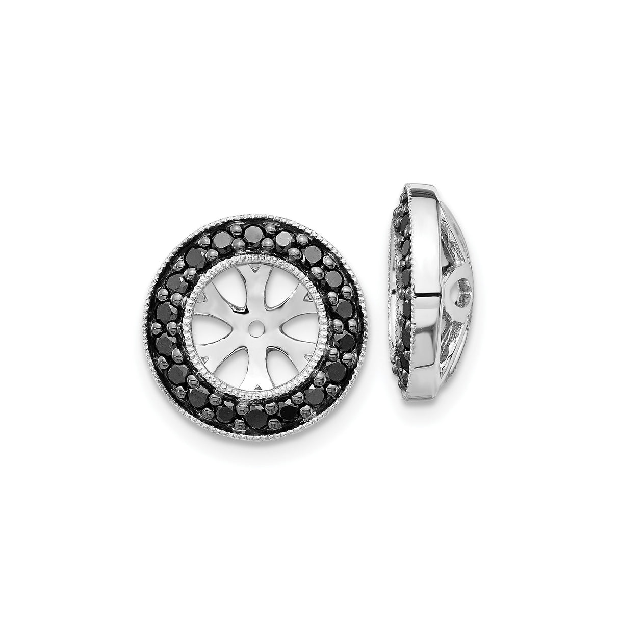 14k White Gold Floral Openwork Pendant with Black Diamonds, Double Halo Charm