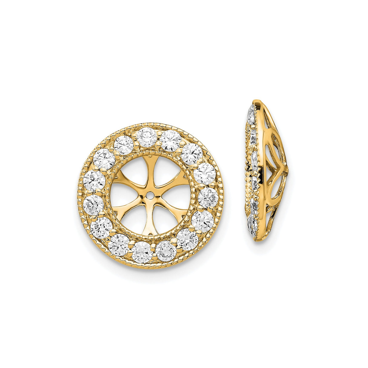 14k Yellow Gold Earring Jacket Enhancer with Diamond, Spoke Wheel Halo Design