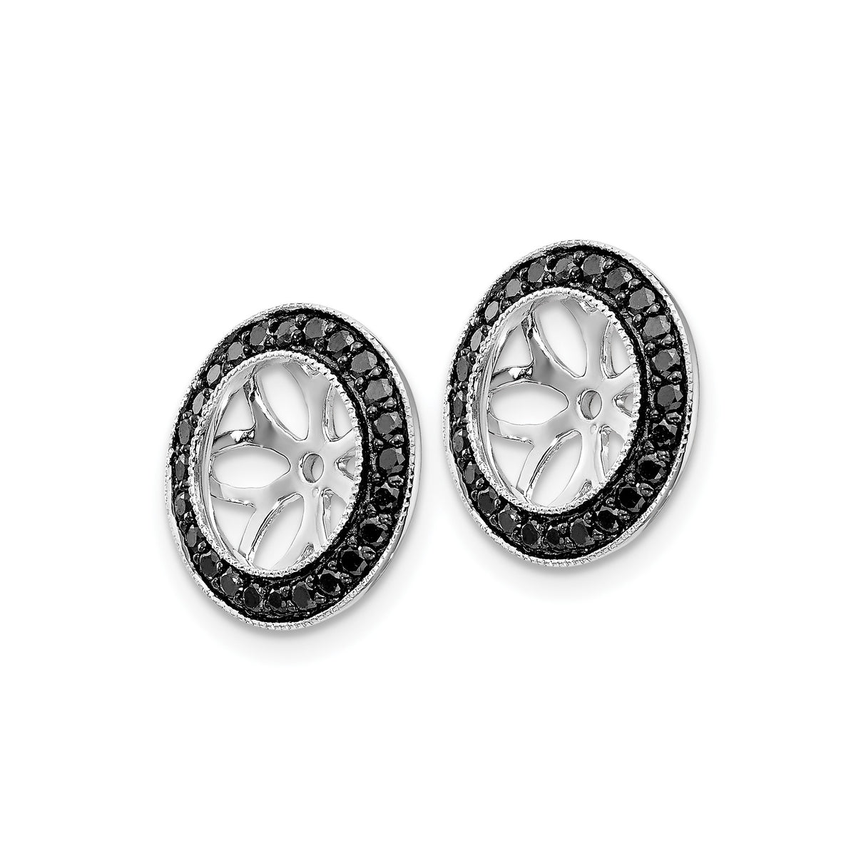 14k White Gold Pendant with Black Diamond, Halo Floral Cut-Out Circle Design