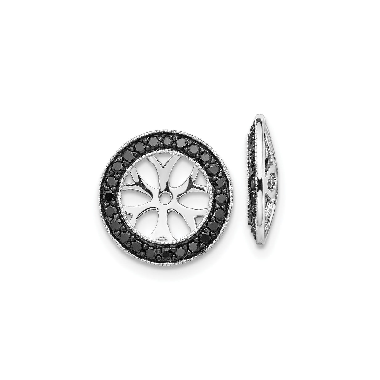 14k White Gold Pendant with Black Diamond, Halo Floral Cut-Out Circle Design