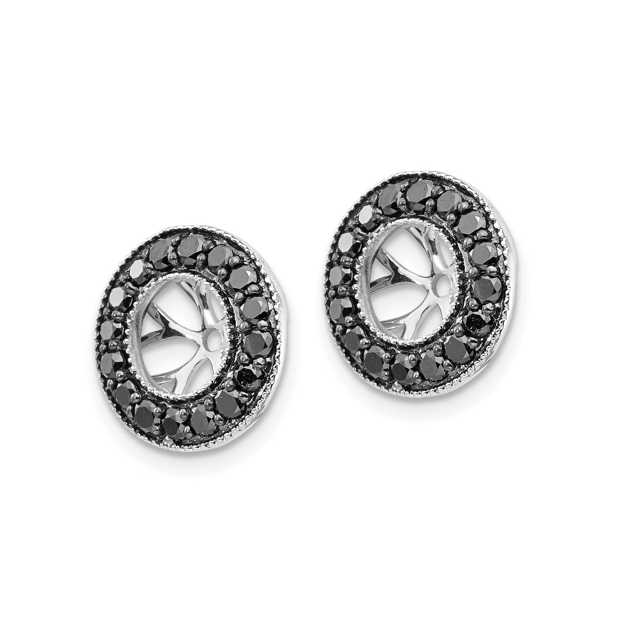 14k White Gold Pendant with Black Diamonds, Cutout Floral Wheel Circle Charm