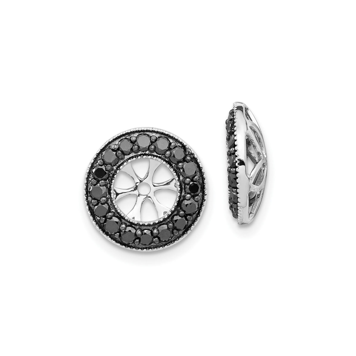 14k White Gold Pendant with Black Diamonds, Cutout Floral Wheel Circle Charm