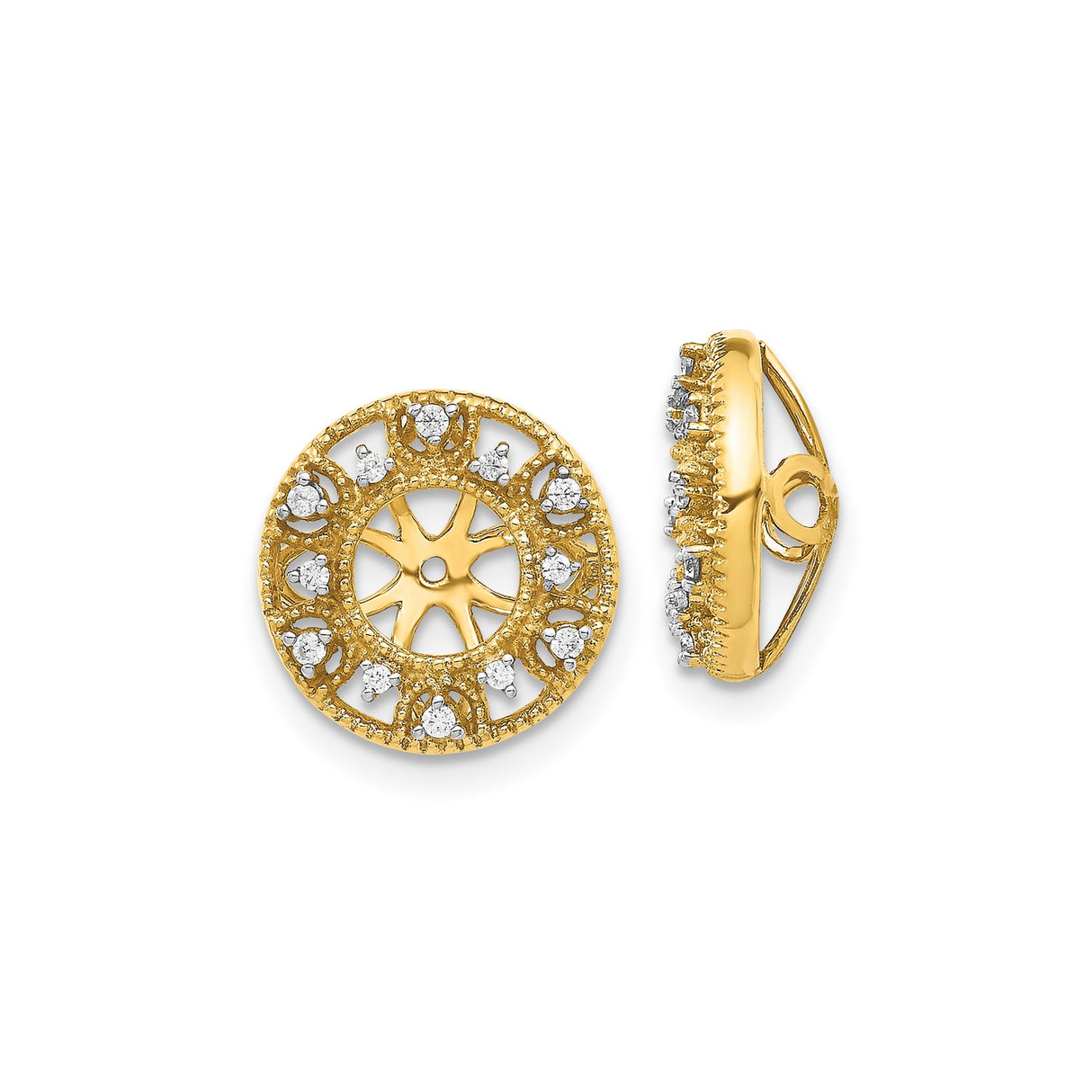14k Yellow Gold Clip-On Earrings with Diamond Accents, Sunburst Halo Mandala Design