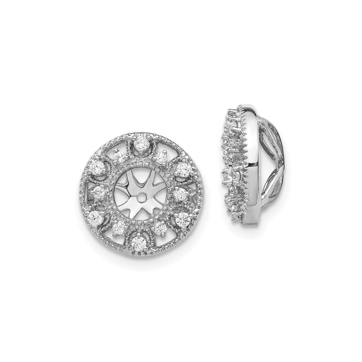 14k White Gold Earring Jackets with Diamond Accents and Floral Openwork Design