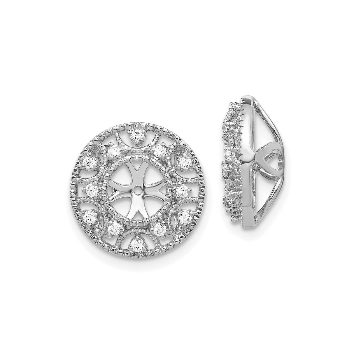 14k White Gold Diamond Earring Jackets with Rosette and Openwork Floral Design