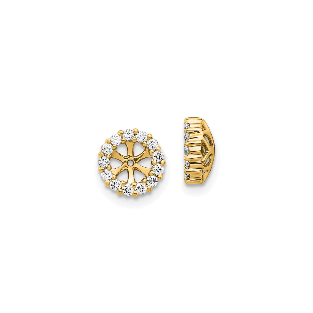 14k Yellow Gold Earring Jackets with Cubic Zirconia Halo and Sunburst Floral Design