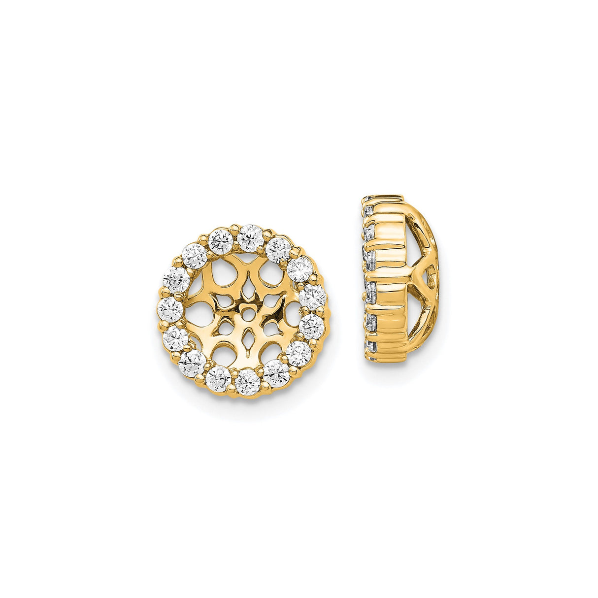 14k Yellow Gold Earrings with Diamond, Openwork Floral Motif and Cubic Zirconia Halo