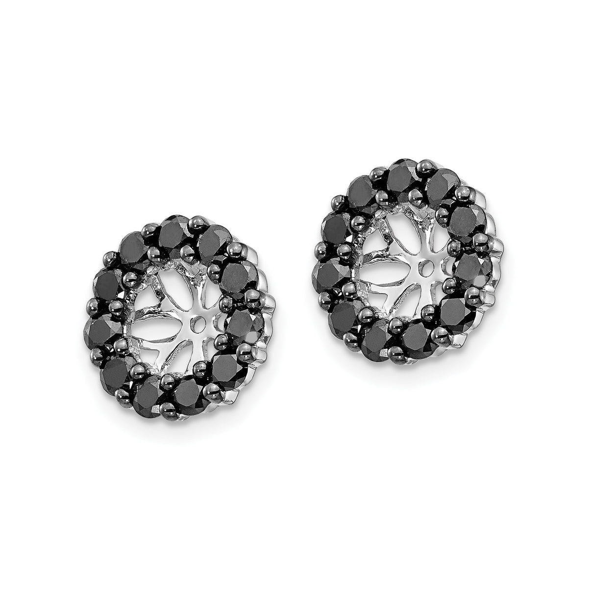 14k White Gold Earring Jackets with Black Diamond Halo and Floral Cutout Design