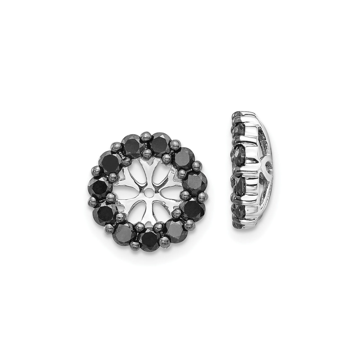 14k White Gold Earring Jackets with Black Diamond Halo and Floral Cutout Design