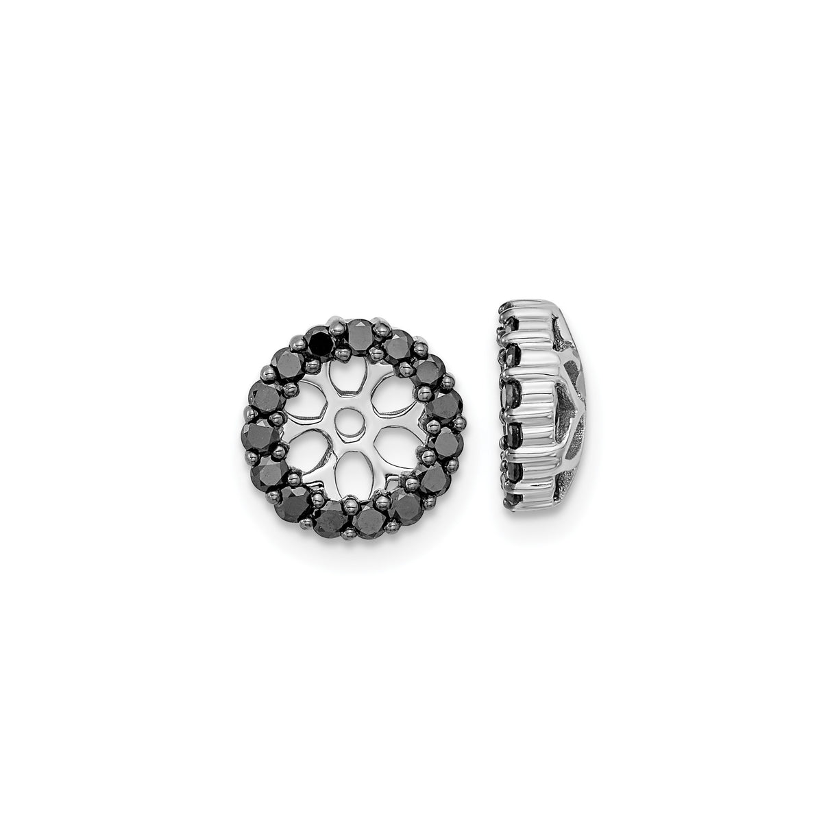 14k White Gold Floral Enhancer Charm with Black Diamonds, Nature Motif Circle Pendant