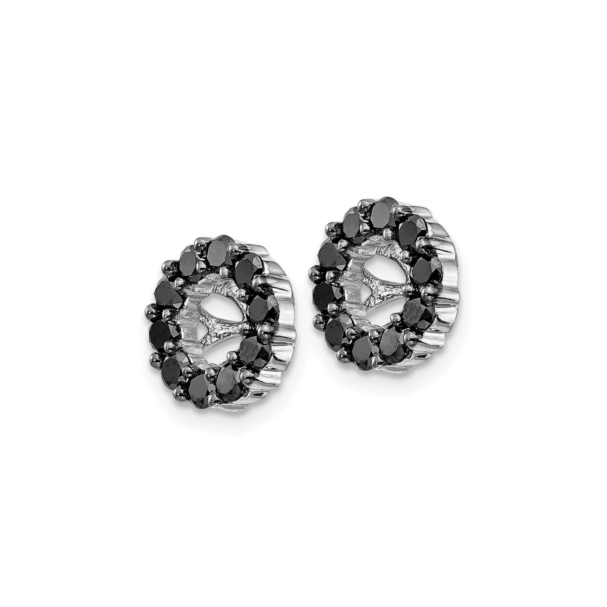 14k White Gold Earrings with Black Diamond, Floral Openwork Circle Studs for Women