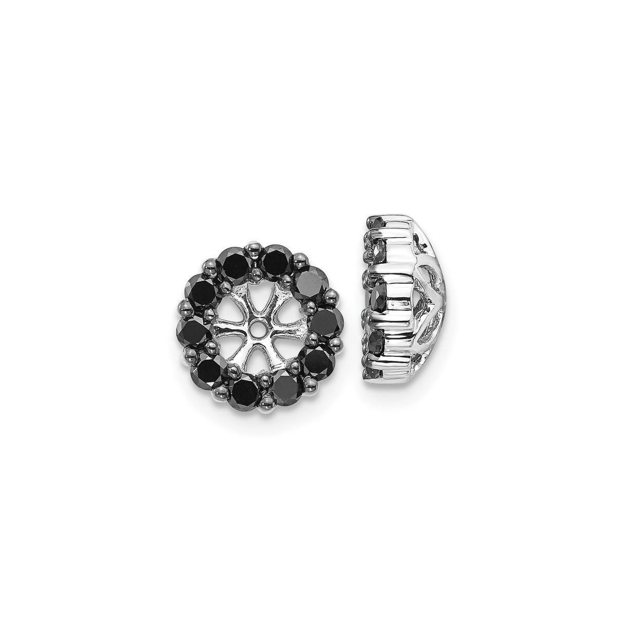14k White Gold Earrings with Black Diamond, Floral Openwork Circle Studs for Women