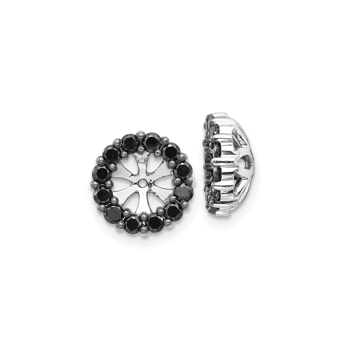 14k White Gold Earring Jackets with Black Diamond, Sunburst Halo Design, Stud Enhancers for Women