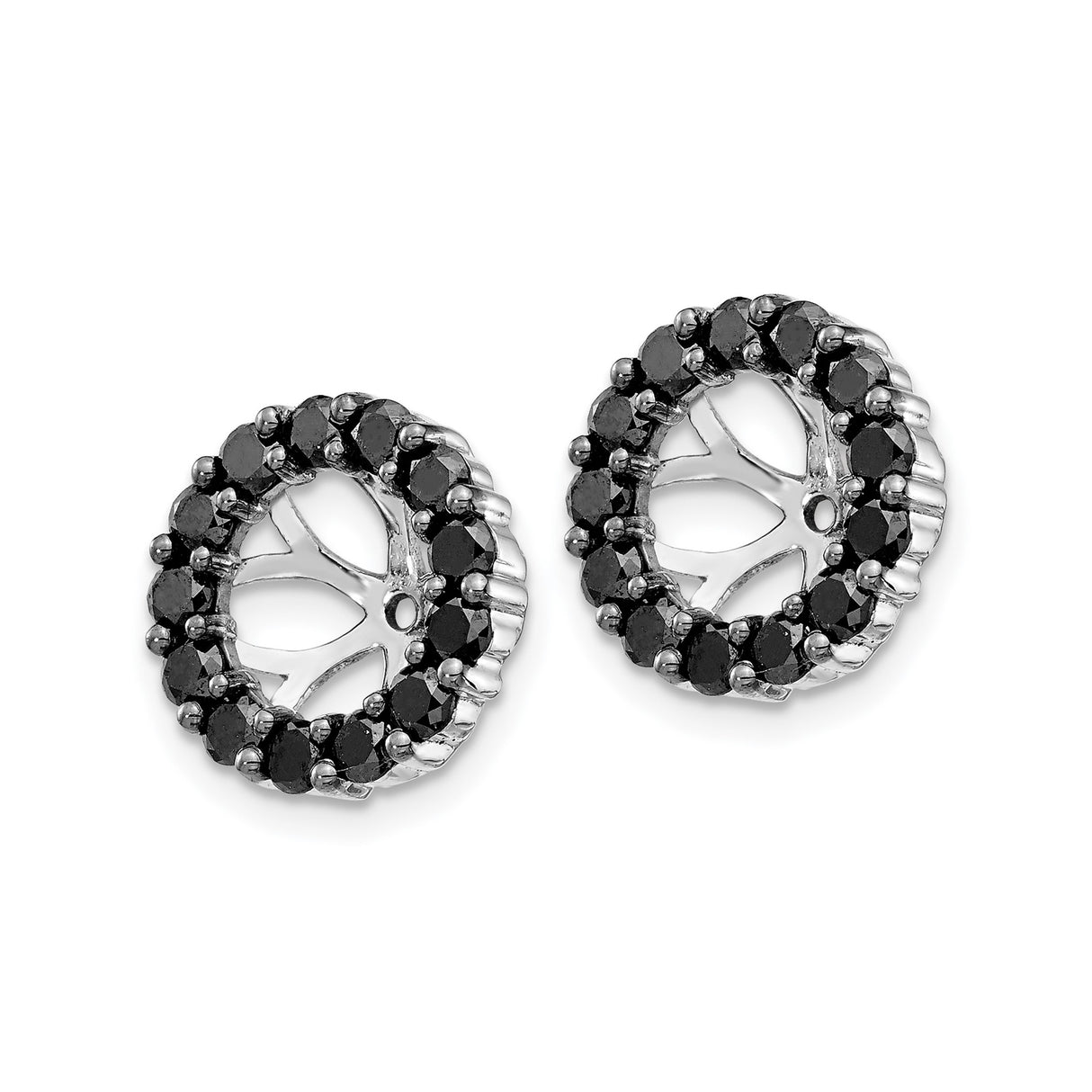 14k White Gold Stud Earrings with Black Diamonds, Halo and Openwork Floral Design