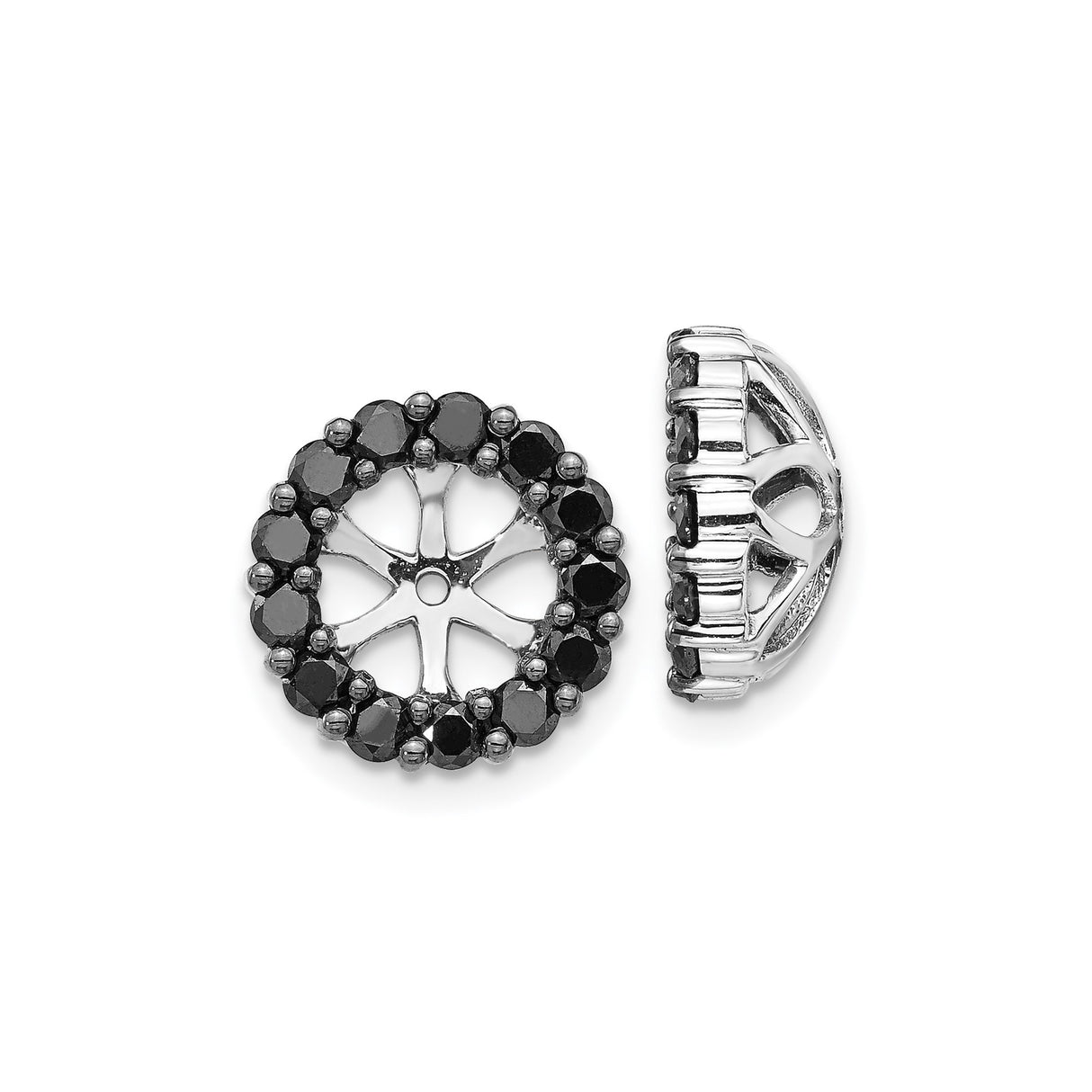 14k White Gold Stud Earrings with Black Diamonds, Halo and Openwork Floral Design