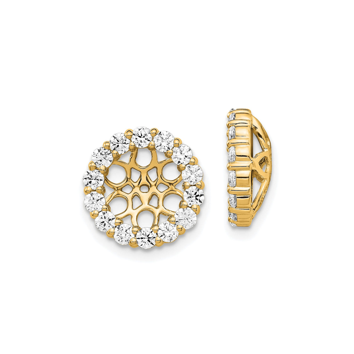 14k Yellow Gold Earring Jackets with Diamond, Round Filigree Floral Lattice Halo Design