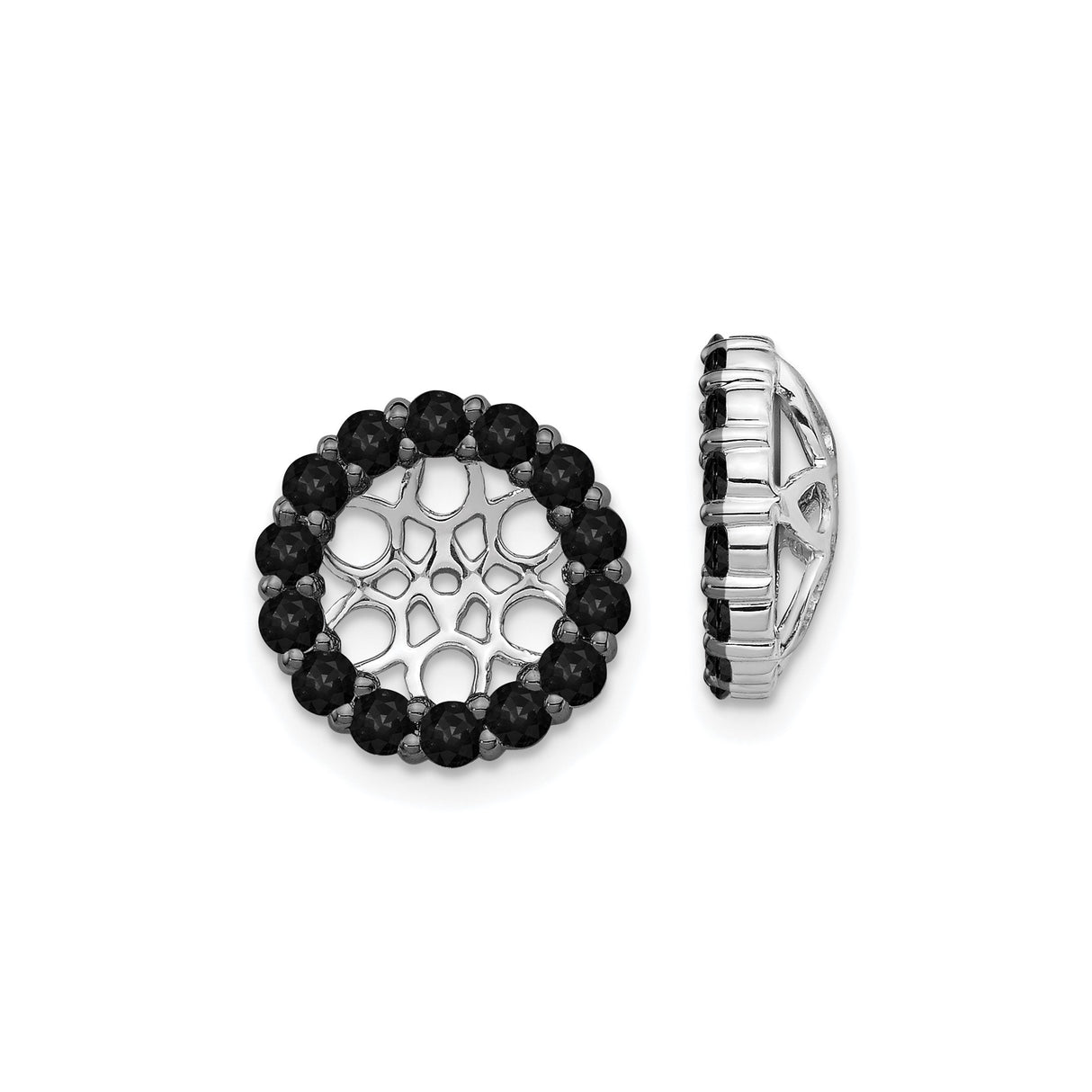 14k White Gold Earring Jackets with Black Diamond, Openwork Floral Halo Design for Women