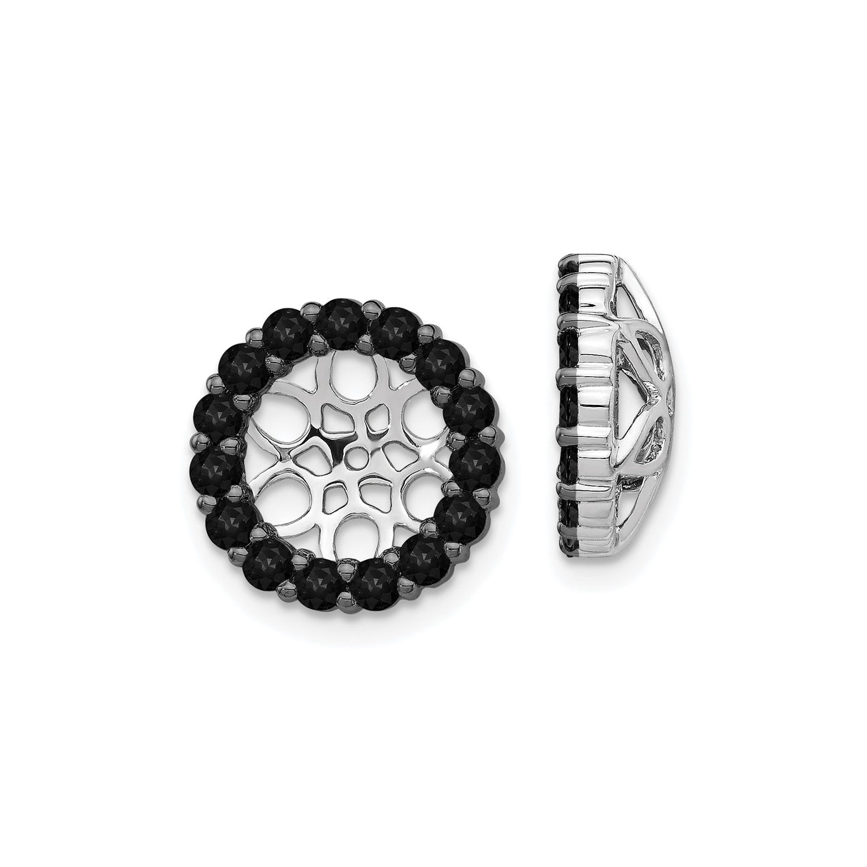 14k White Gold Mandala Pendant with Black Diamond Halo and Floral Openwork Design