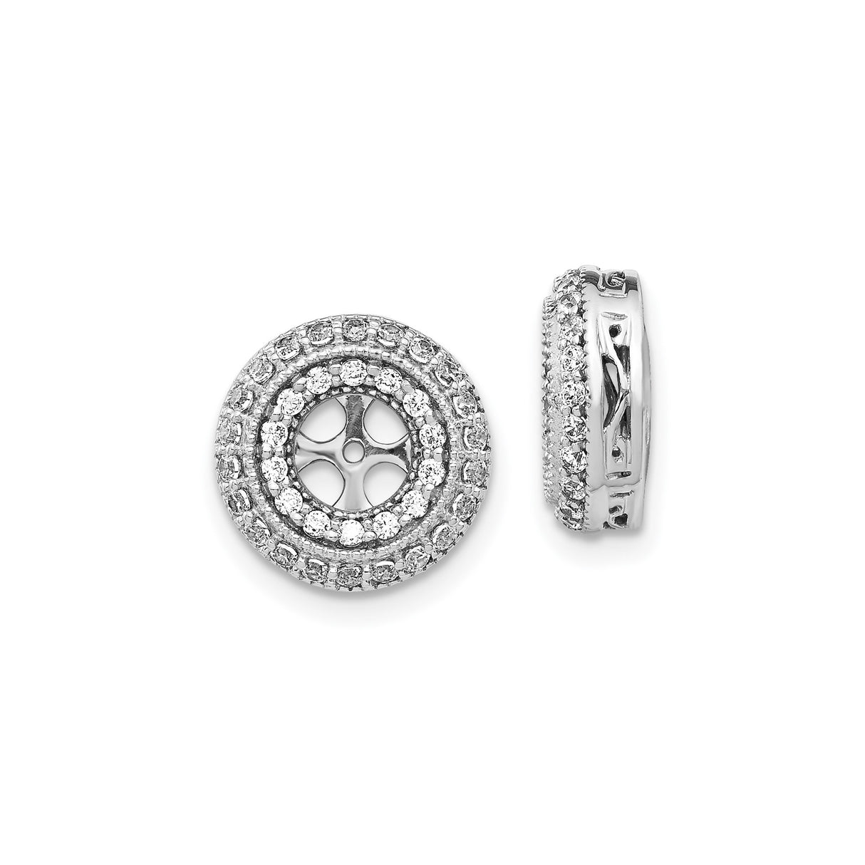 14k White Gold Diamond Stud Earrings with Double Halo and Openwork Cross Design
