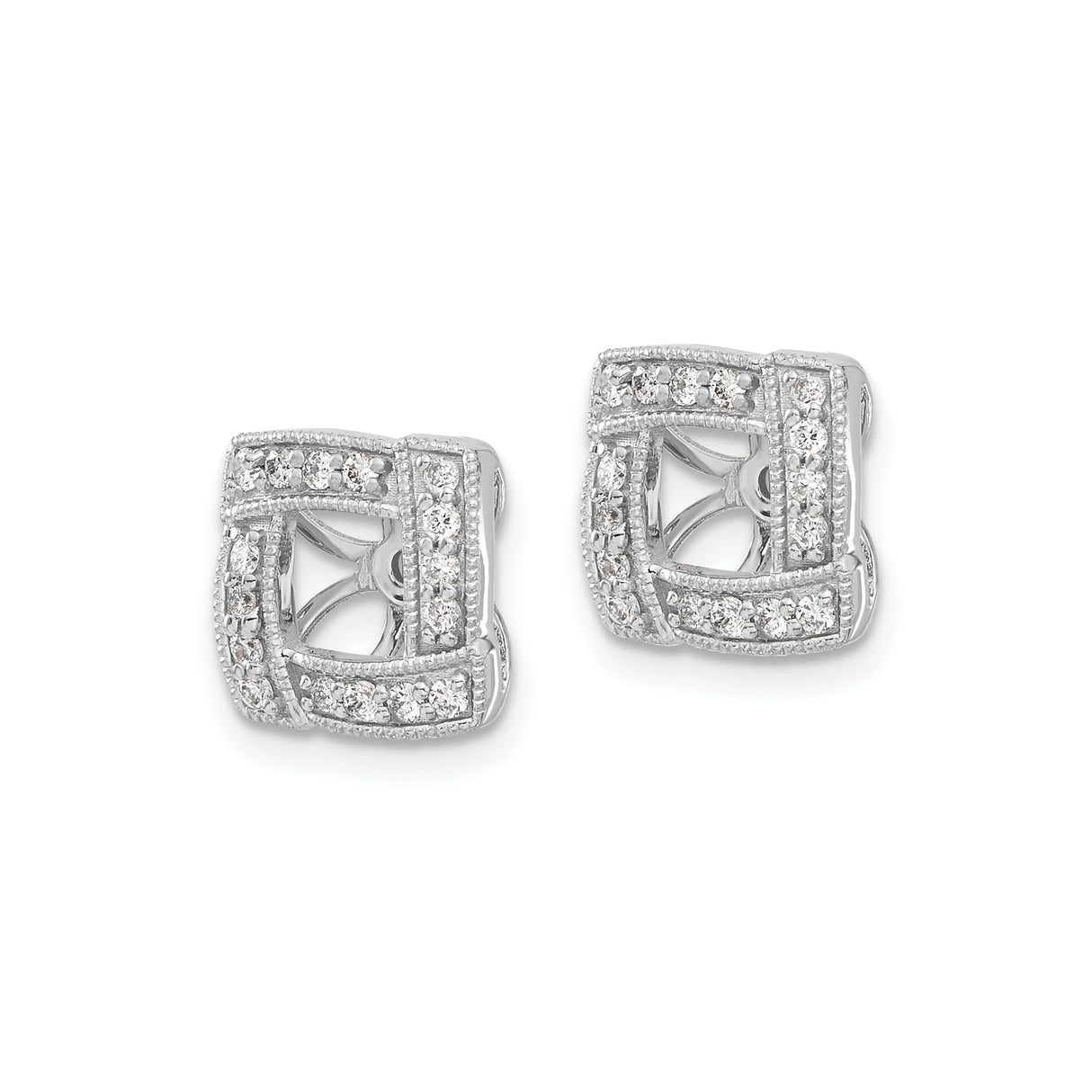 14k White Gold Diamond Earring Jackets, Square Halo Design, Vintage Style Stud Enhancers