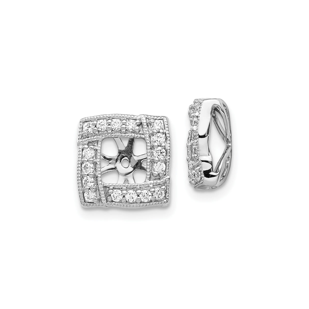 14k White Gold Diamond Earring Jackets, Square Halo Design, Vintage Style Stud Enhancers