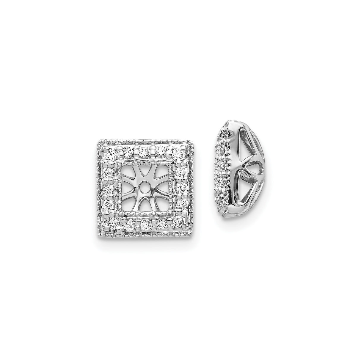 14k White Gold Earring Jackets with Diamond Accents, Double Halo and Sunburst Design