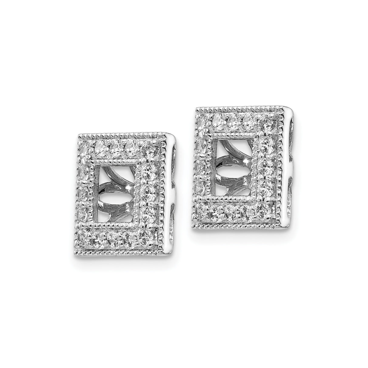 14k White Gold Earring Jackets with Diamond Accents, Square Halo Sunburst Design