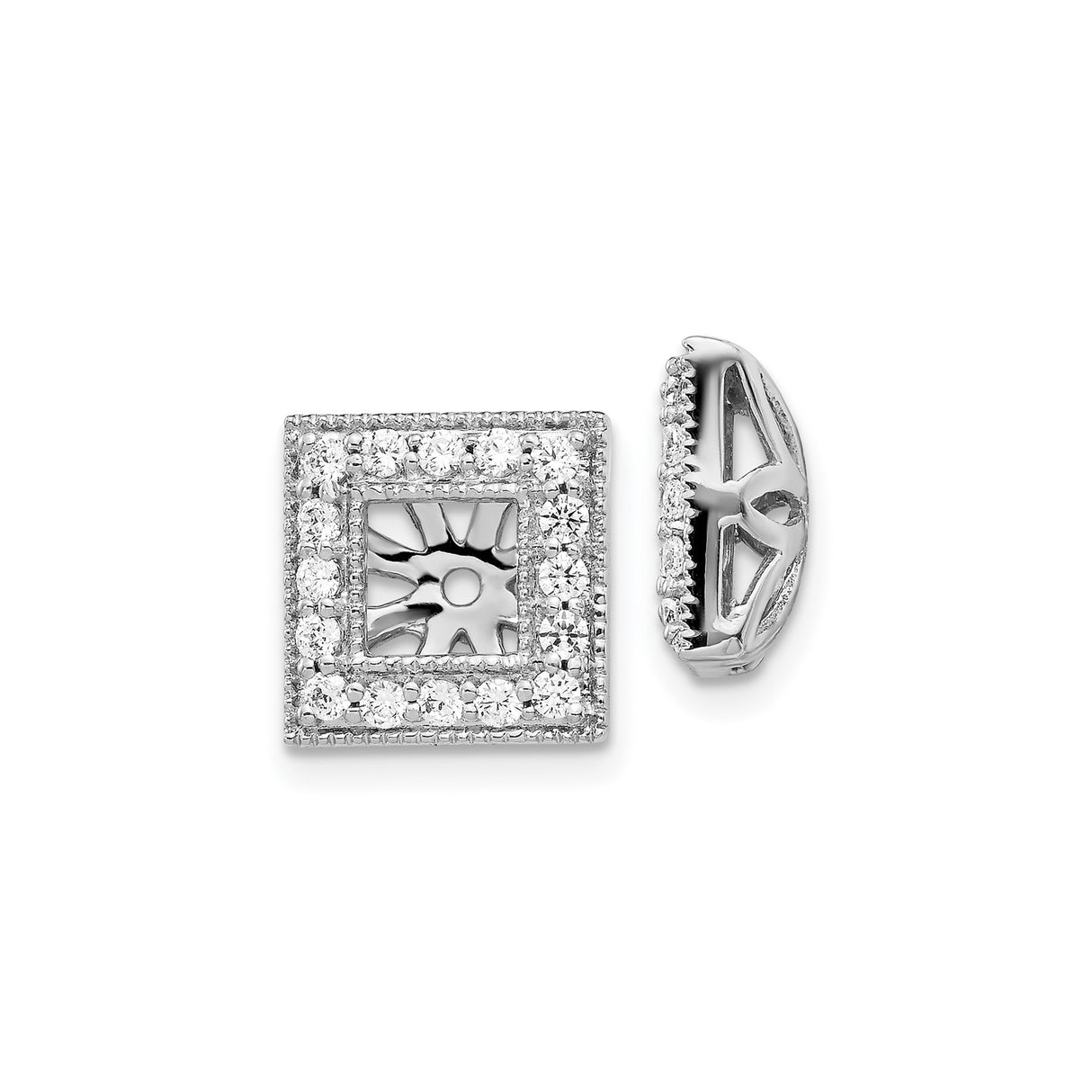 14k White Gold Earring Jackets with Diamond Accents, Square Halo Sunburst Design