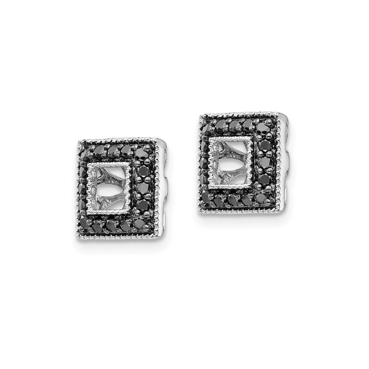 14k White Gold Earrings with Black Diamond Accents, Geometric Sunburst Studs