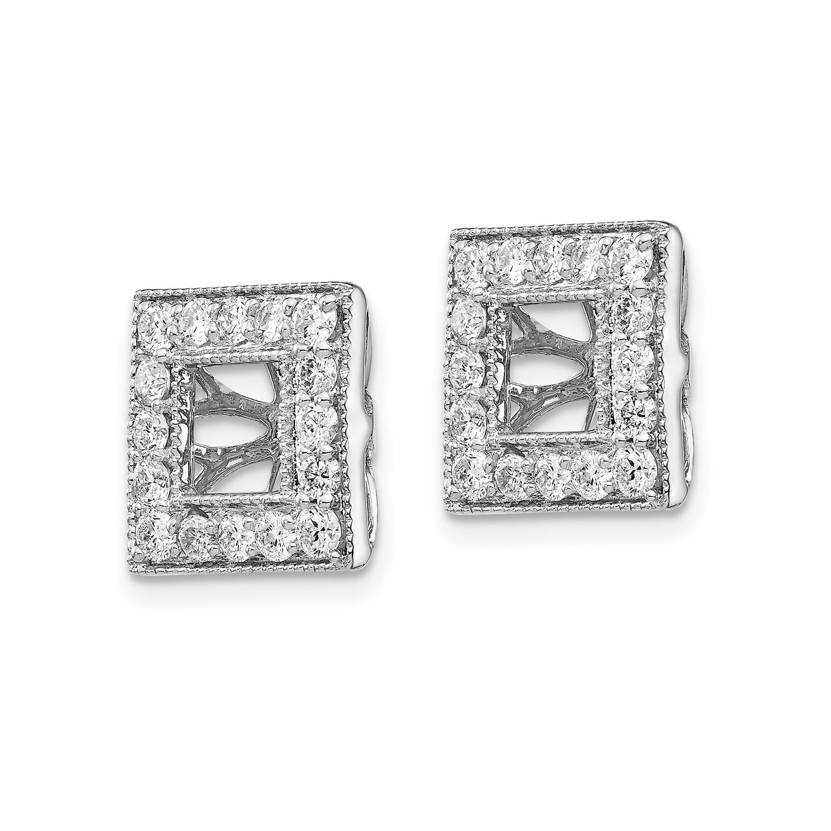14k White Gold Square Earring Jackets with Diamond Cut Border and Sunburst Design