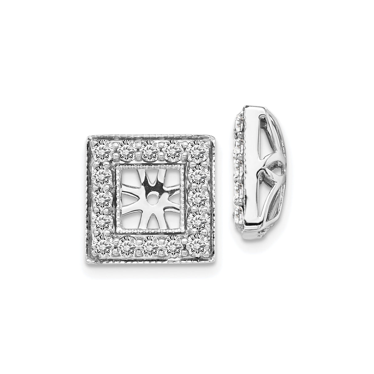 14k White Gold Square Earring Jackets with Diamond Cut Border and Sunburst Design