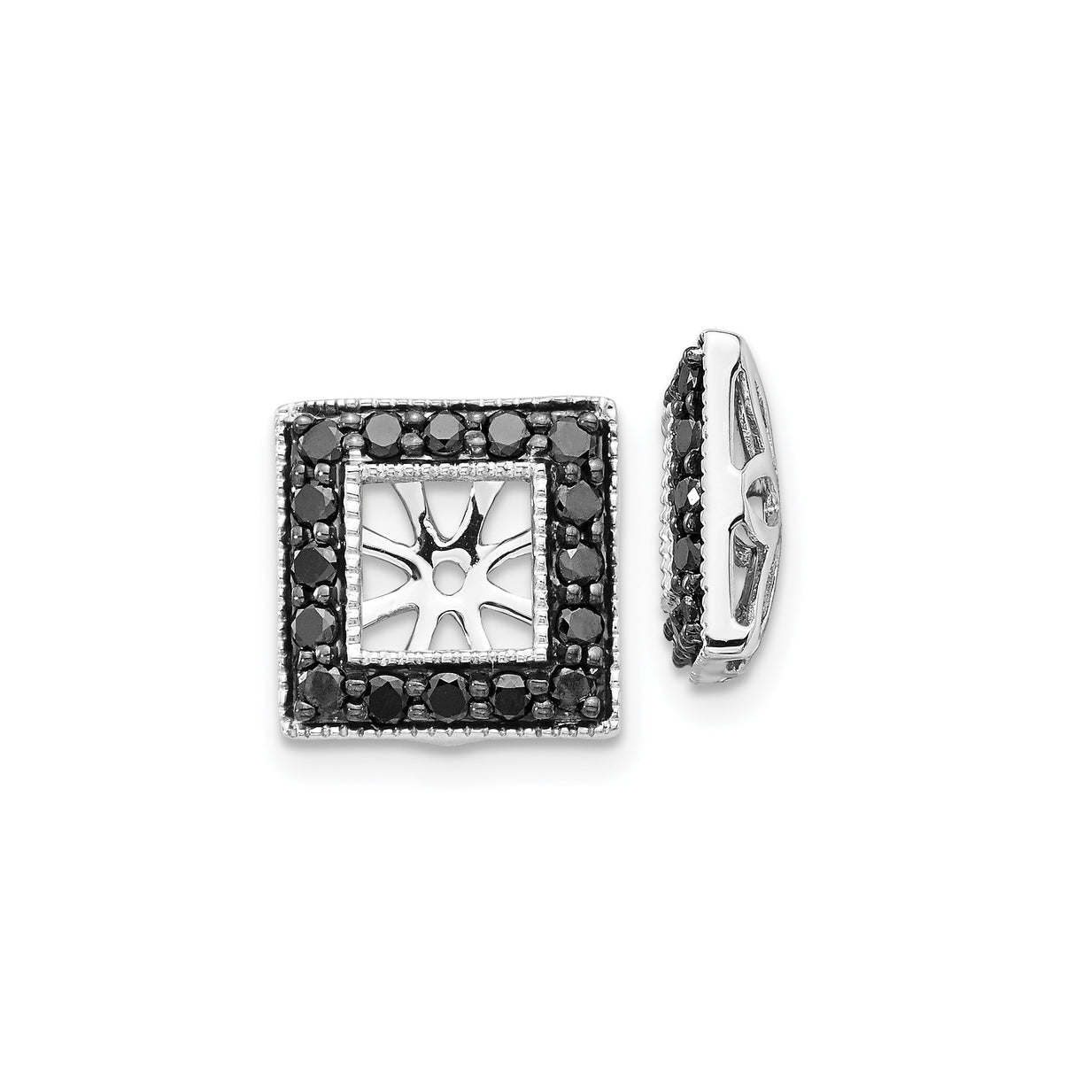 14k White Gold Square Pendant with Black Diamonds, Geometric Sunburst Design