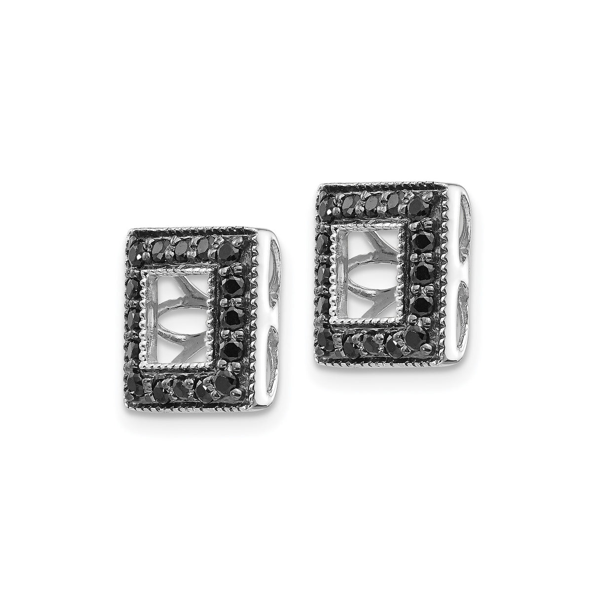 14k White Gold Stud Earrings with Black Diamonds, Square Geometric Sunburst Design