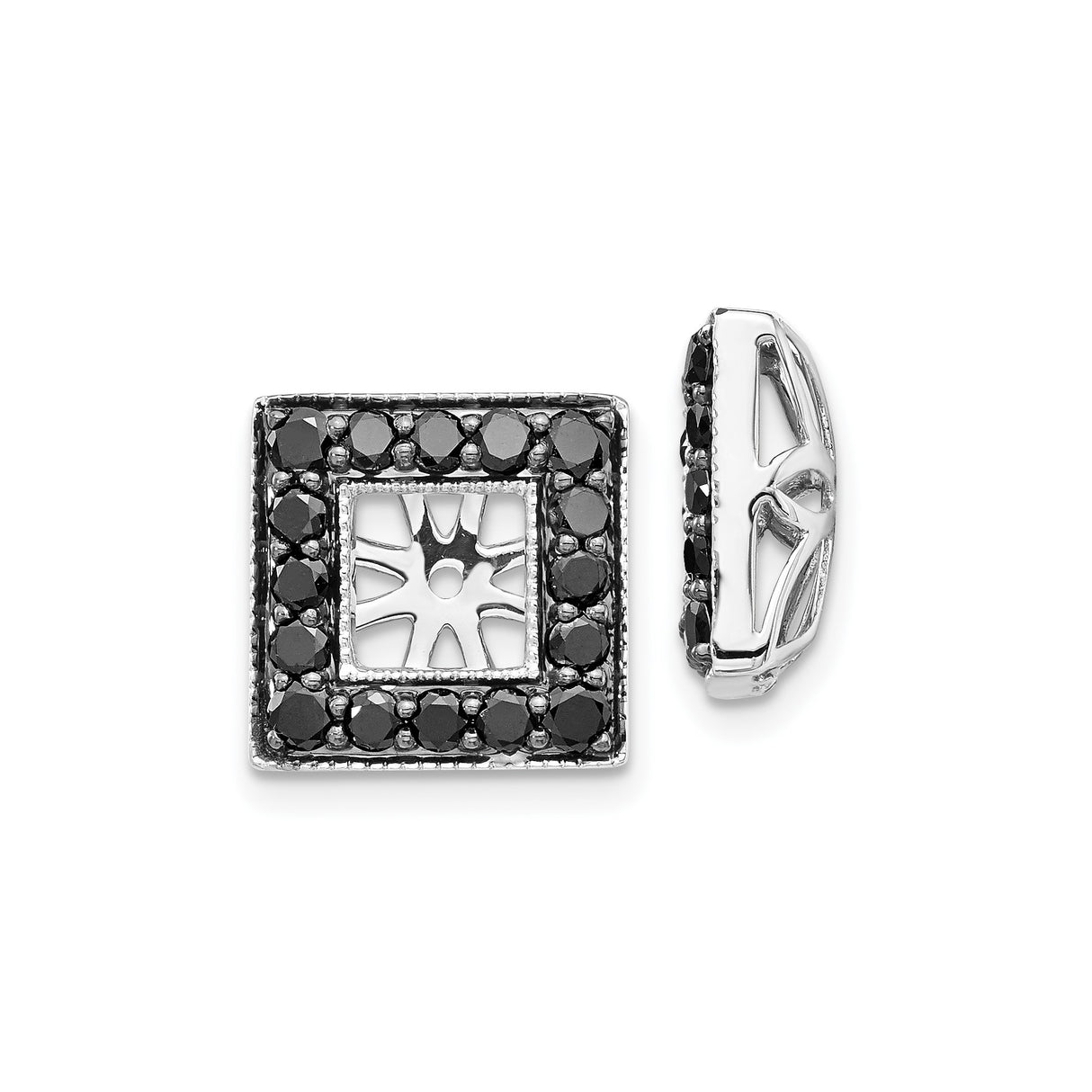 14k White Gold Stud Earrings with Black Diamonds, Square Geometric Sunburst Design