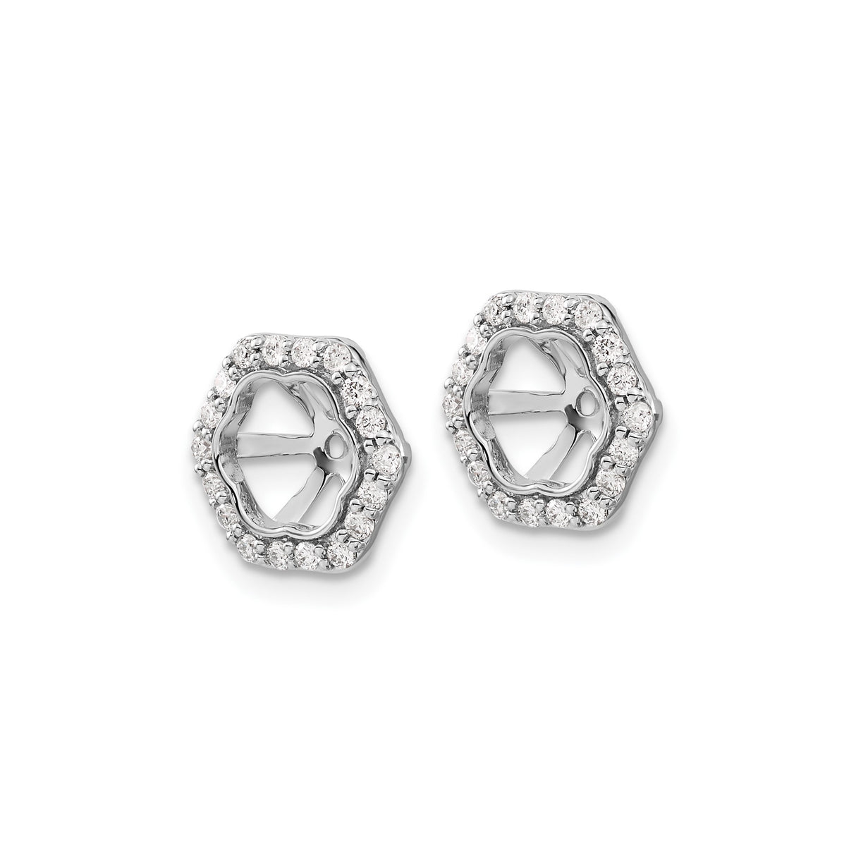 10k White Gold Earring Jackets with Diamond Hexagon Halo and Open Six-Spoke Design