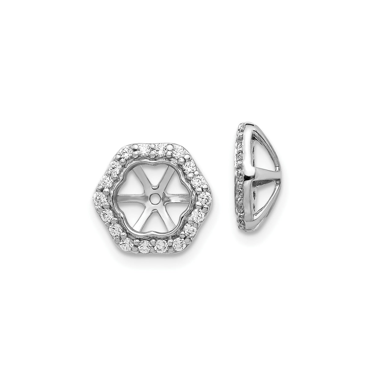 10k White Gold Earring Jackets with Diamond Hexagon Halo and Open Six-Spoke Design