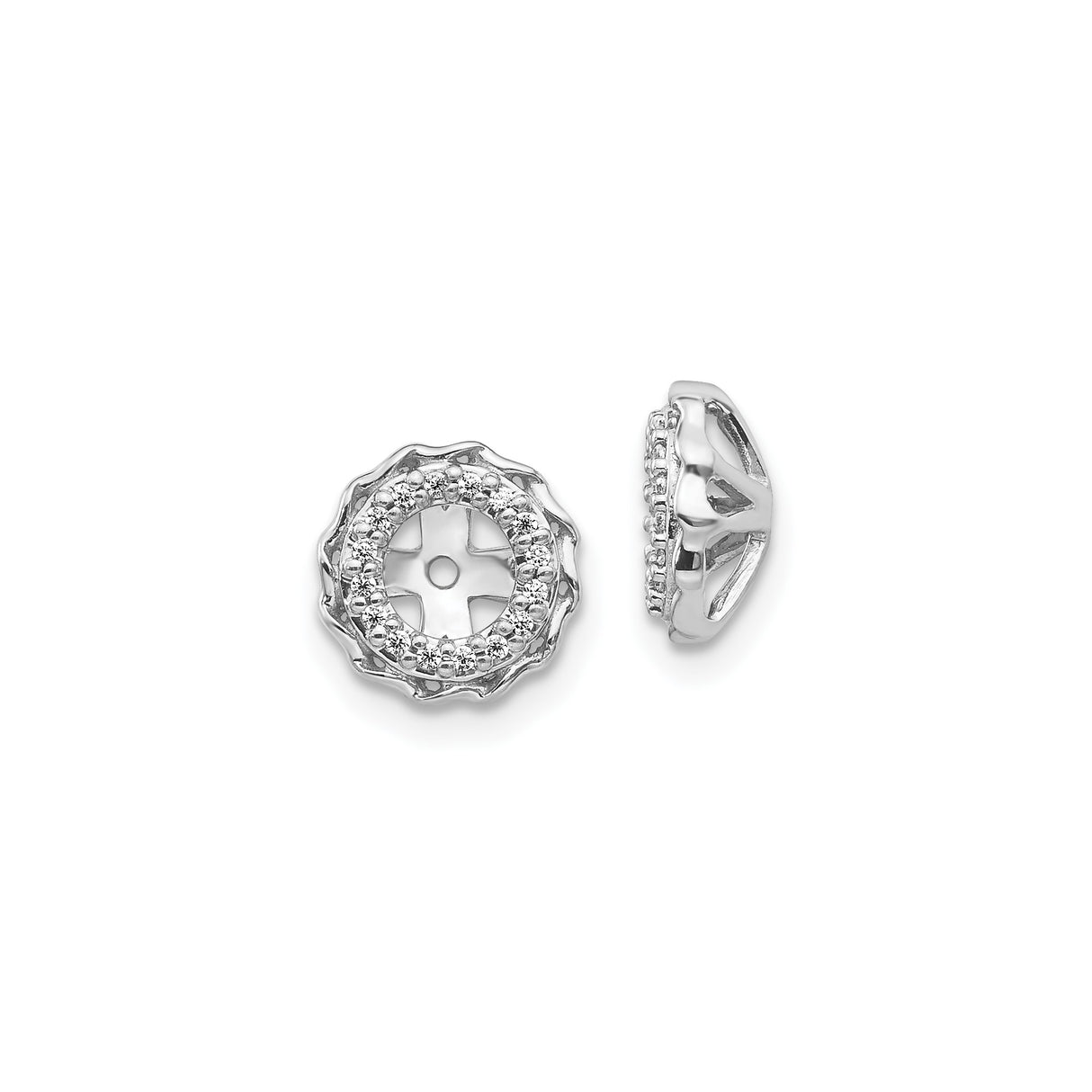 14k White Gold Earring Jackets, Diamond Halo with Scalloped Edge and Cross-Inspired Open Center