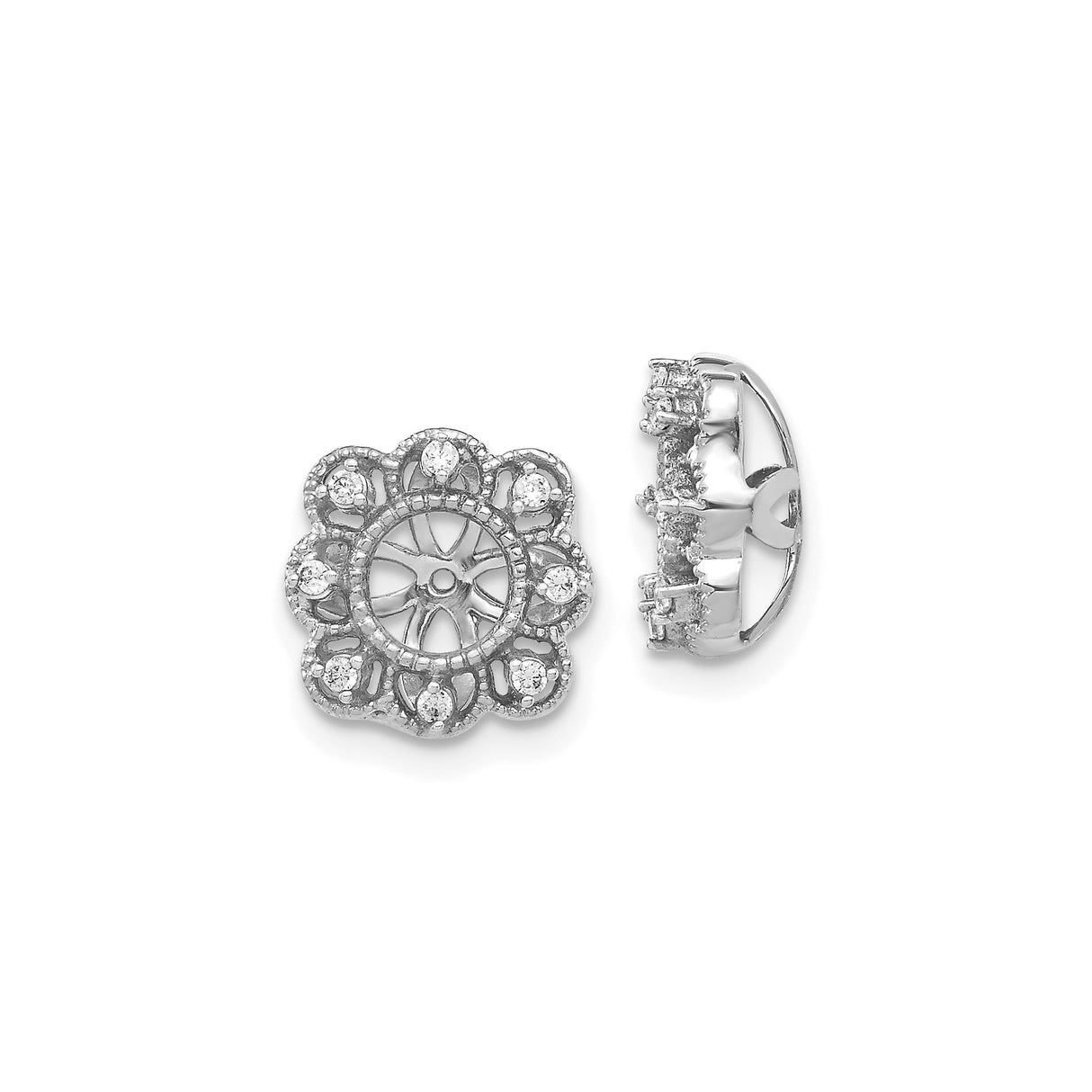 14k White Gold Floral Stud Earrings with Diamond Accents, Vintage Flower Design