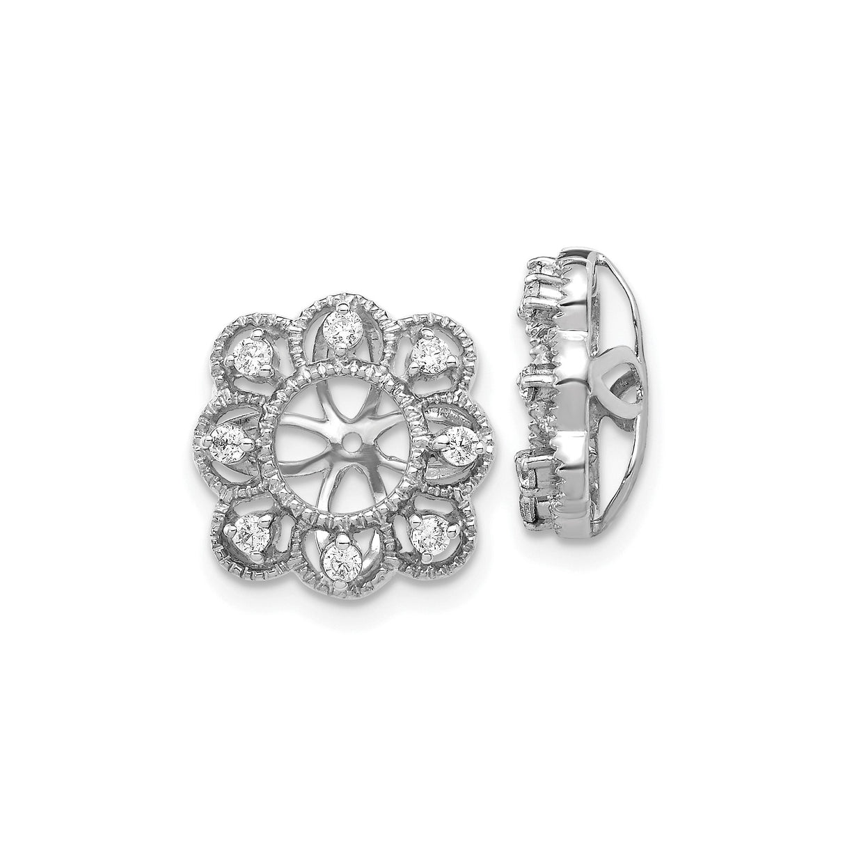 14k White Gold Earring Jackets, Diamond Accents, Floral Openwork Design, Stud Enhancers