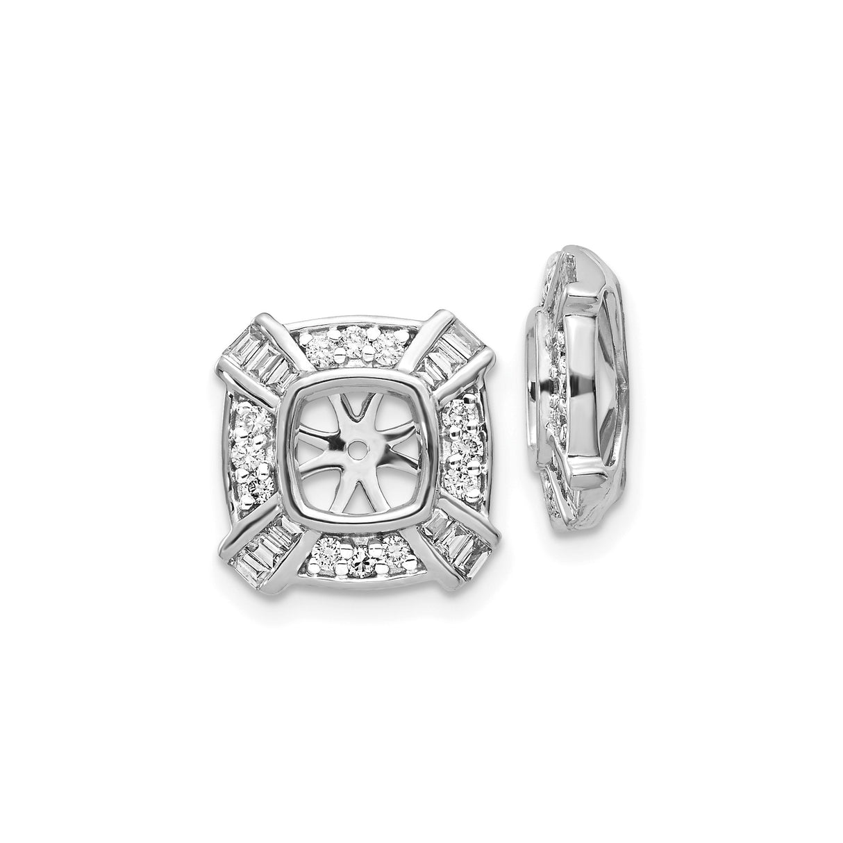 14k White Gold Diamond Pendant, Halo Setting with Round and Baguette Accents