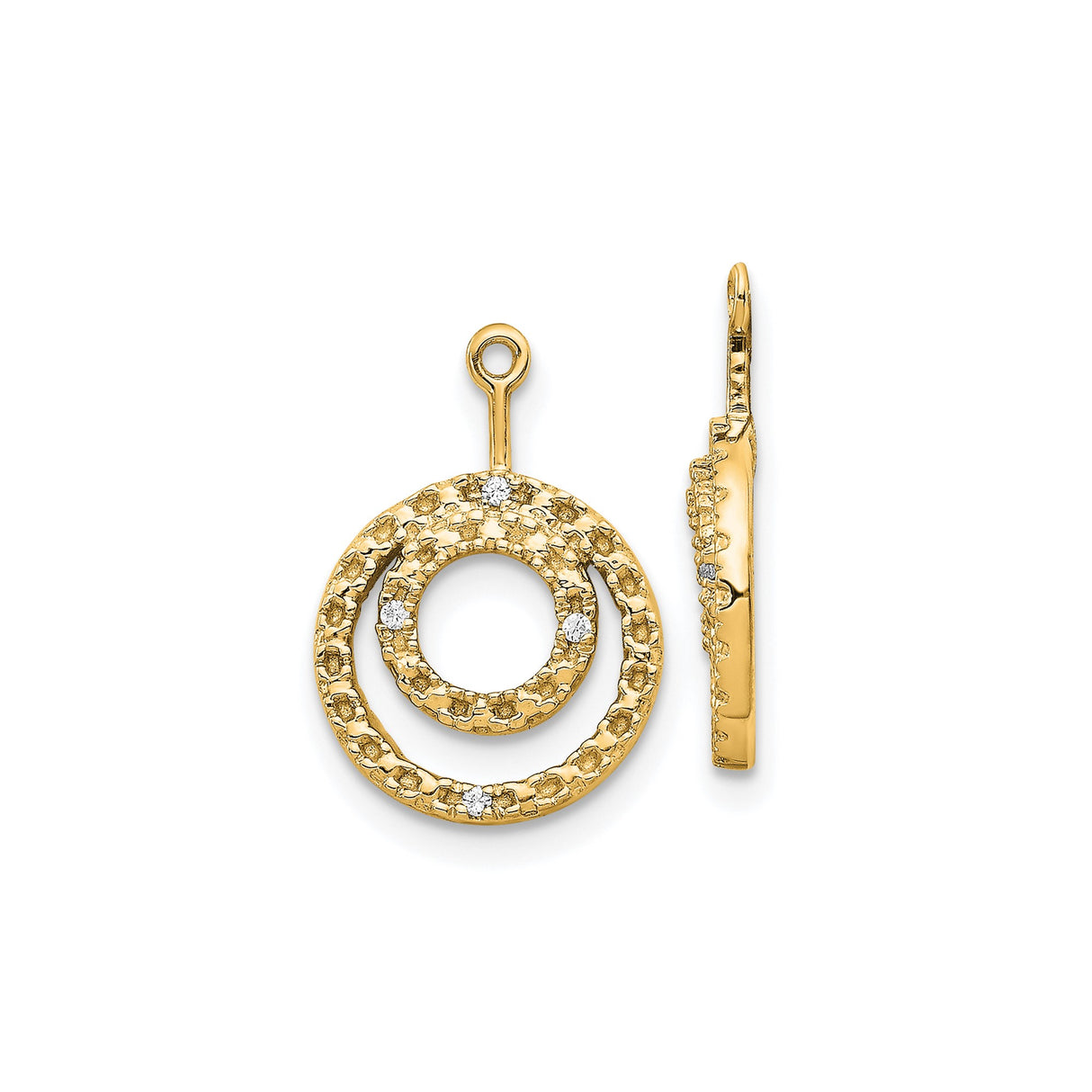14k Yellow Gold Circle Pendant with Interlocking Textured Rings and Small Diamonds, Minimalist Design
