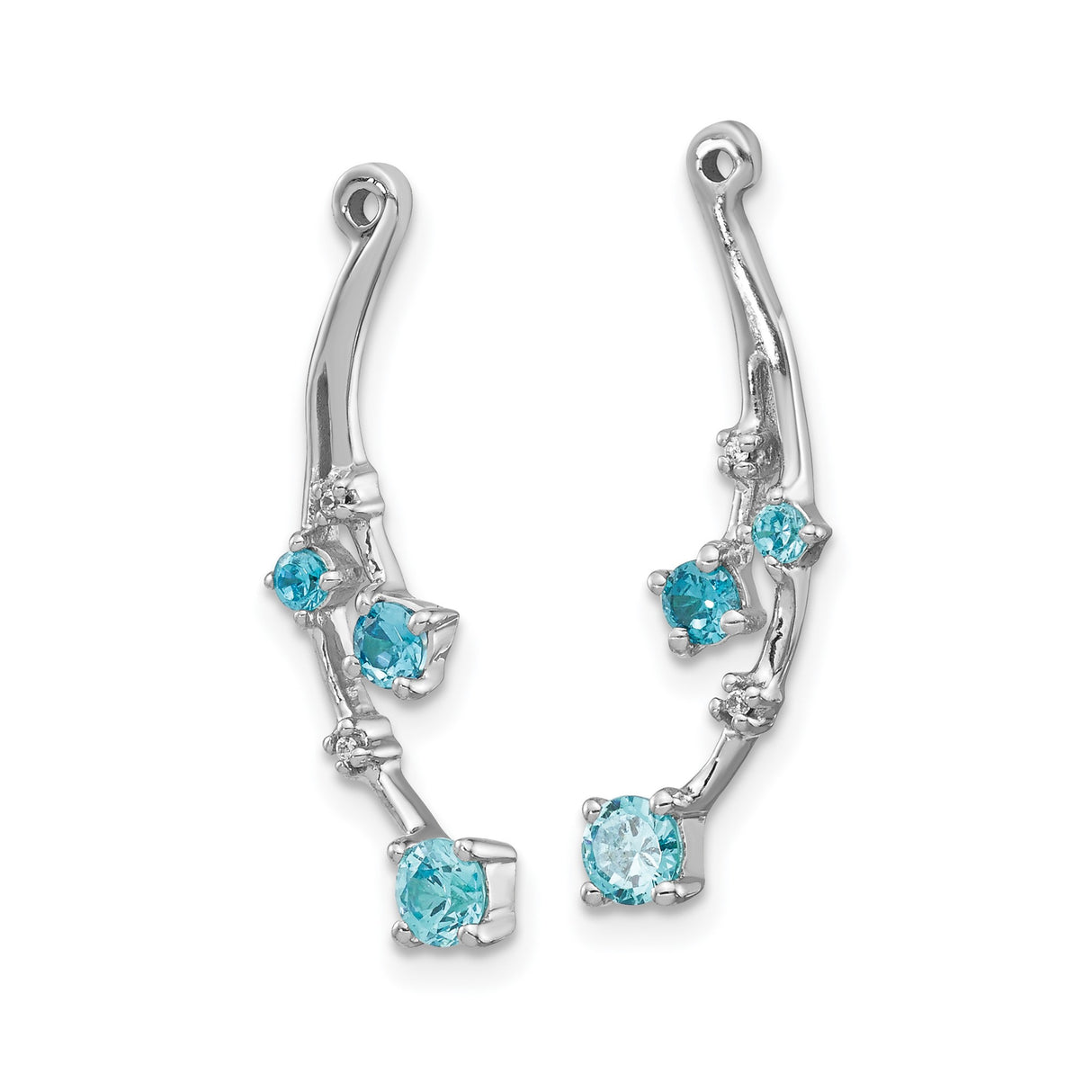 14k White Gold Earrings with Swiss Blue Topaz and Diamond Accents, Curved Drop Design