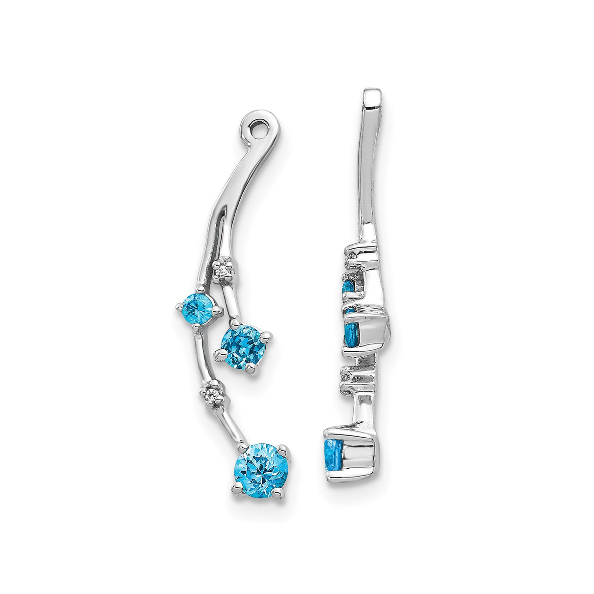 14k White Gold Earrings with Swiss Blue Topaz and Diamond Accents, Curved Drop Design