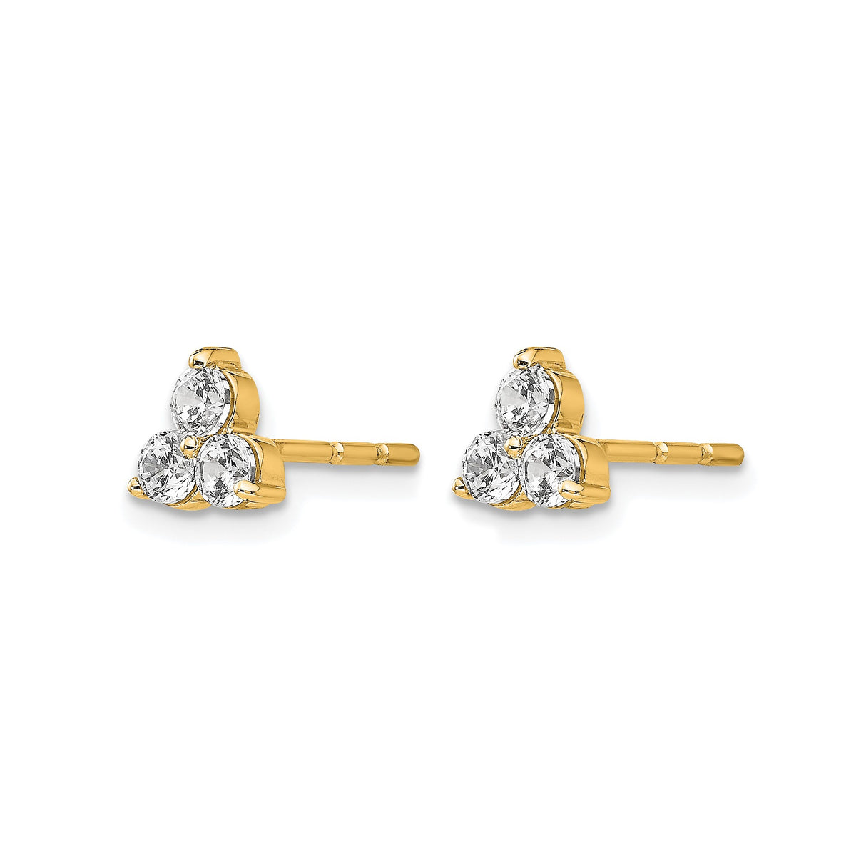 14k Yellow Gold Stud Earrings with Trio of Round Cut Clear Gemstones in Triangle Formation