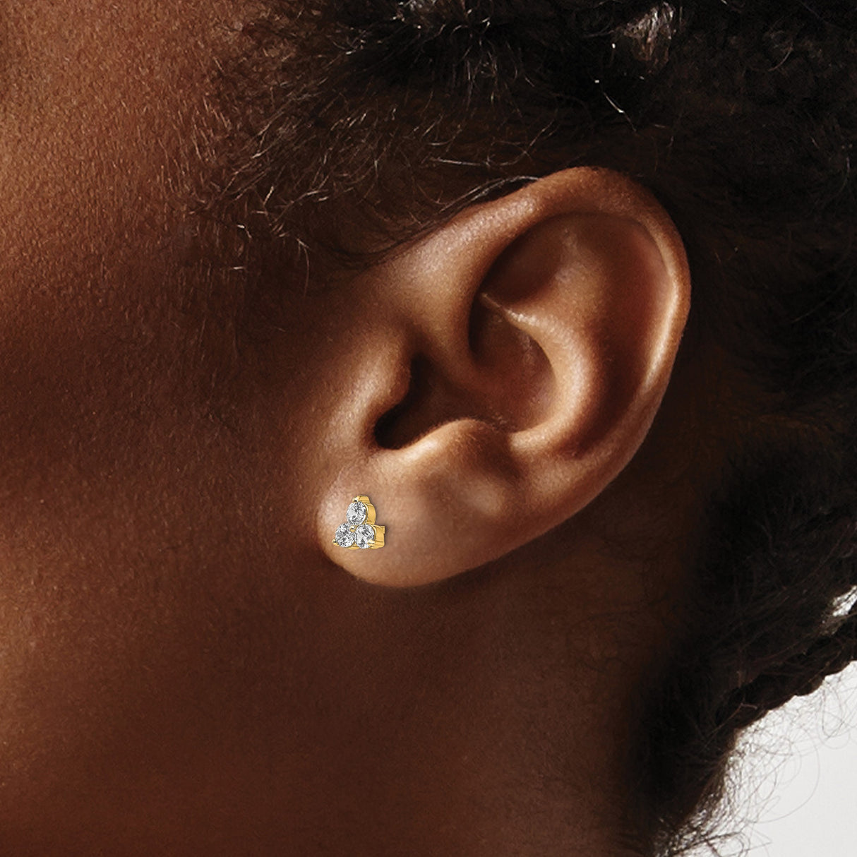 14k Yellow Gold Stud Earrings with Trio of Round Cut Clear Gemstones in Triangle Formation